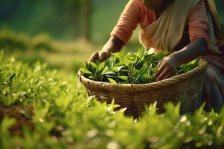 Female hands picking tea leaves.の素材