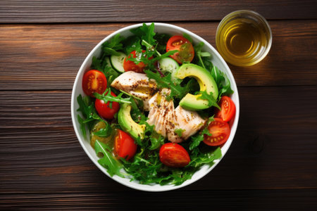 Salad in a white plate on a wooden background.の素材