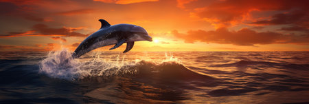 Dolphin jumping out of the water on sunset background.の素材