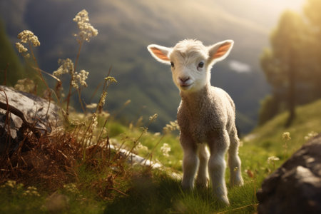 Cute sheep in a field on the background of mountains.の素材