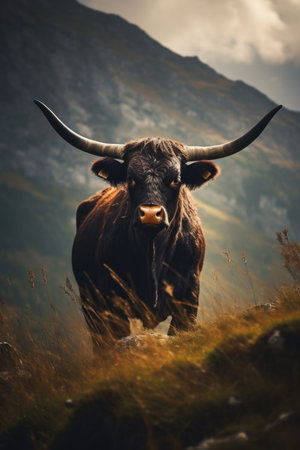 Bull in field on the background of mountains.の素材