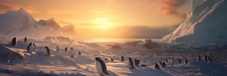 penguins against sunset background.の素材