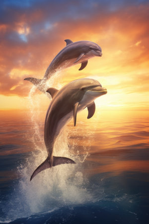 Dolphin jumping out of the water on sunset background.の素材