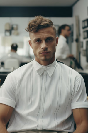 Portrait of a man in a barbershop.の素材