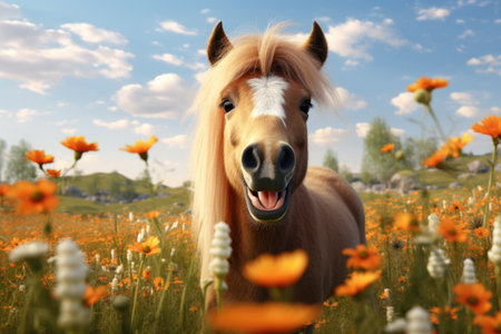 Cute horse on a meadow with flowers.の素材