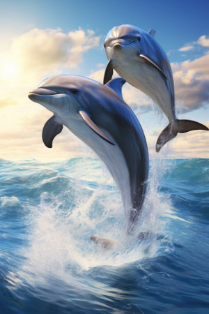 Dolphin jumping out of the water on sunset background.の素材
