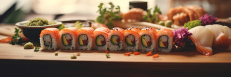 Close-up of sushi and rolls.の素材