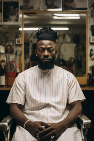 Portrait of a man in a barbershop.の素材