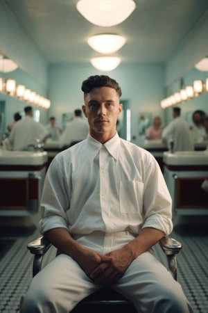 Portrait of a man in a barbershop.の素材