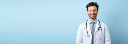 Portrait of a man doctor on a blue background, banner.の素材