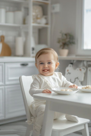 Newborn baby eating porridge.の素材
