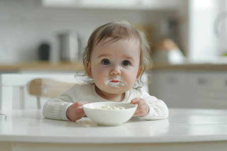 Newborn baby eating porridge.の素材