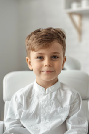 Portrait of a little boy in a barbershop.の素材
