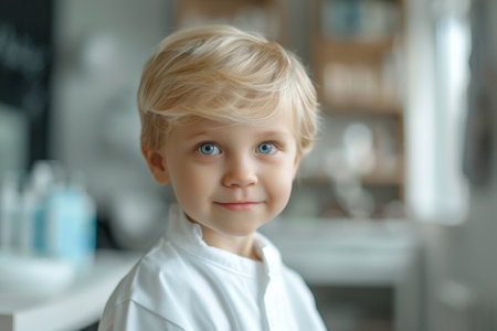 Portrait of a little boy in a barbershop.の素材
