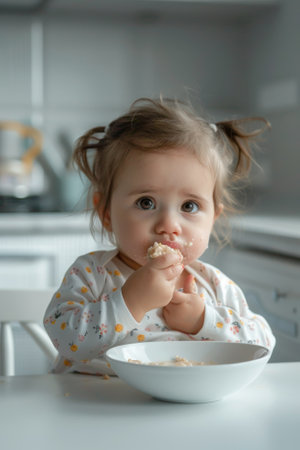 Newborn baby eating porridge.の素材
