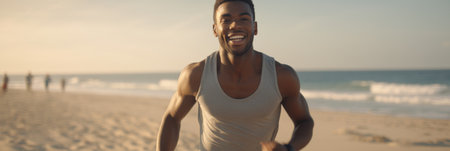 Portrait of happy man running on the beach.の素材