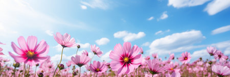Pink flowers in a field on the background of the sky.の素材