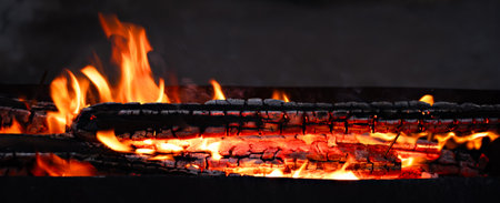 Close up of fire flames in barbecueの写真素材