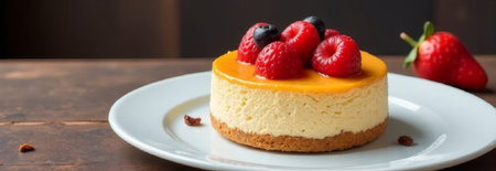 slice of cake with berries on a white plate.