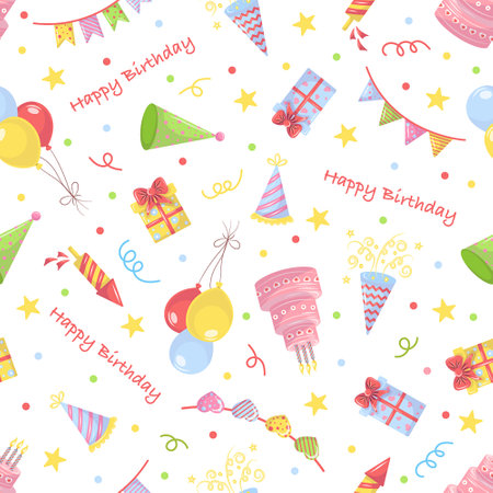 Seamless Happy Birthday Pattern on White Background.のイラスト素材