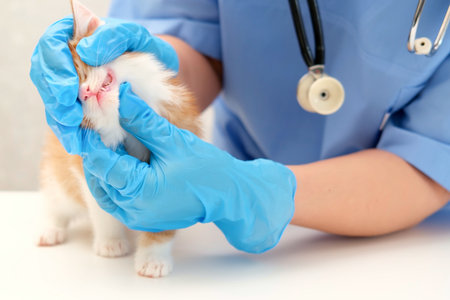 veterinarian examining the teeth of a small kitten.の写真素材