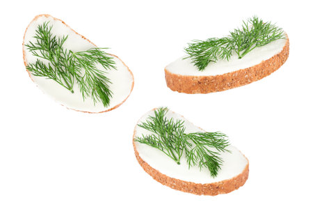 set Piece of bread with butter and dill isolated on white background.の写真素材