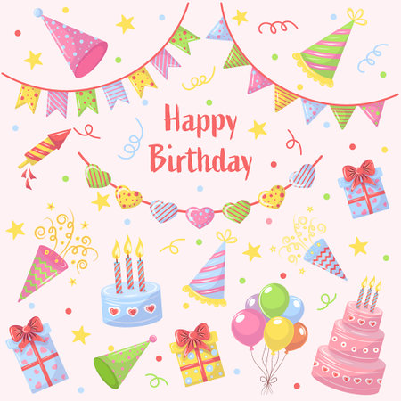 Happy Birthday Set on a Pink Background.のイラスト素材