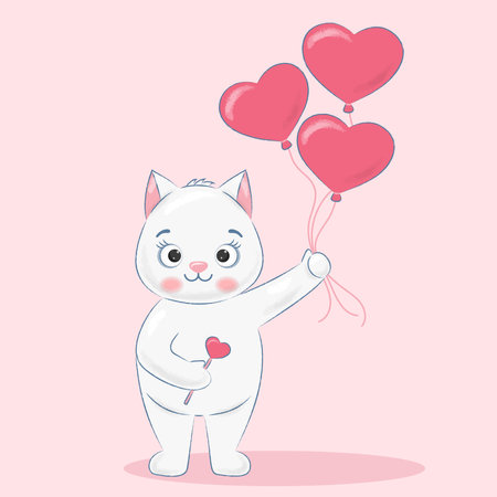 Cute white cat holding heart shaped balloons.のイラスト素材