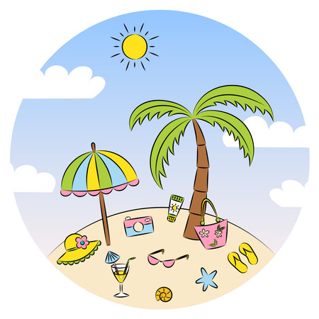 Summer card of palm tree with sun and leisure items against blue sky.のイラスト素材