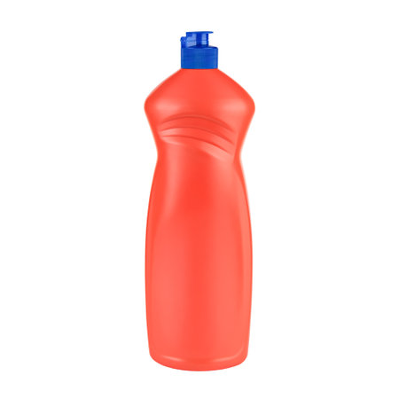 Dishwashing liquid in orange bottle on white background.の写真素材