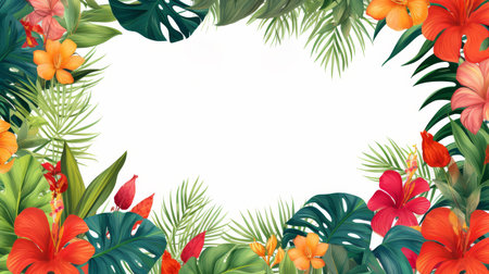 Tropical Leaves and Flowers Template for Invitation or Card.の写真素材