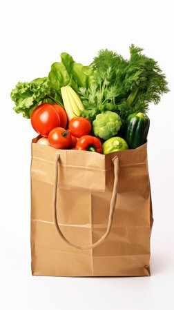 Fresh vegetables in a paper bag on a light background.の写真素材