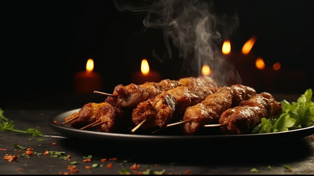 kebab in a plate close-up on a dark background.の写真素材