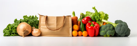 Fresh vegetables in a paper bag on a light background.の写真素材