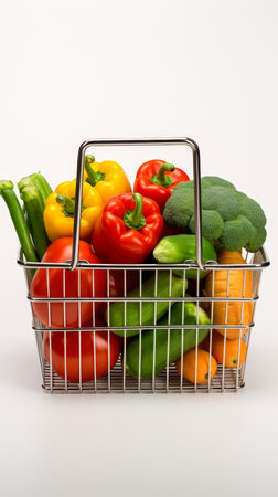 Fresh vegetables in a basket on a light backgroundの写真素材
