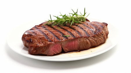 Steak on a white plate on a white background.の写真素材
