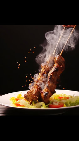 kebab in a plate close-up on a dark background.の写真素材