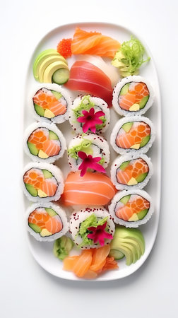 Sushi and rolls on a plate.の写真素材