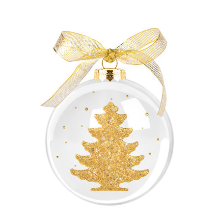 Christmas transparent glass ball with golden fir tree isolated on white background.の写真素材
