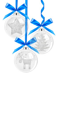 Christmas card with transparent balls on white background.の写真素材