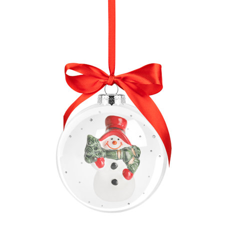 Christmas transparent glass ball with snowman isolated on white backgroundの写真素材