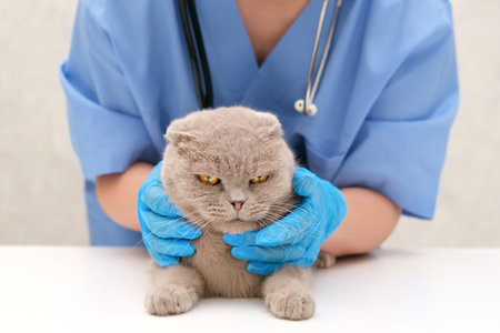 Veterinarian examining gray Scottish cat.の写真素材