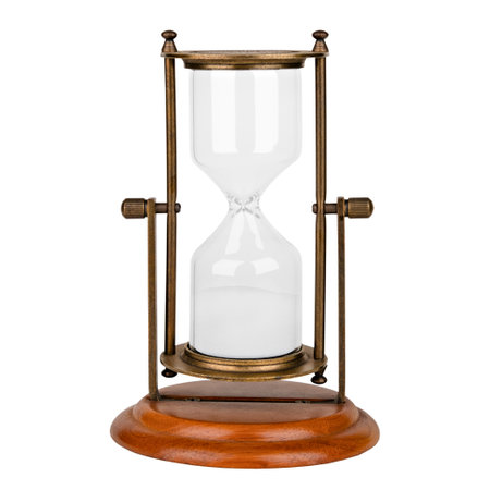 glass hourglass with white sand isolated on white background.