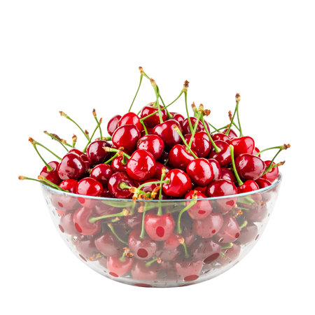 glass bowl with cherries isolated on white background.の写真素材