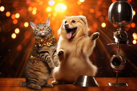 Happy dog and cat dancing at disco.の写真素材