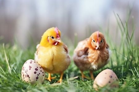 Chicken with Easter eggs in green grass.の写真素材