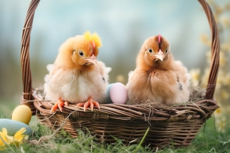 Chicken with Easter eggs in green grass.の写真素材