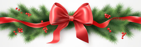 christmas fir tree branches with red ribbon.の写真素材
