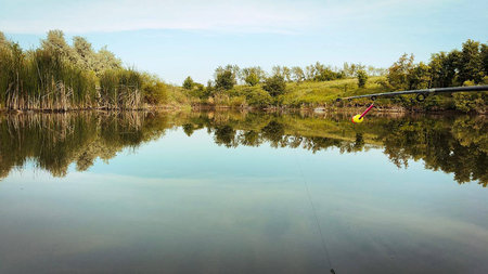 a small lake with trees in the background.の写真素材