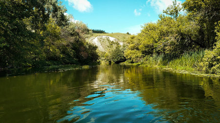 Scenic River Landscape with Fishing Rod.の写真素材